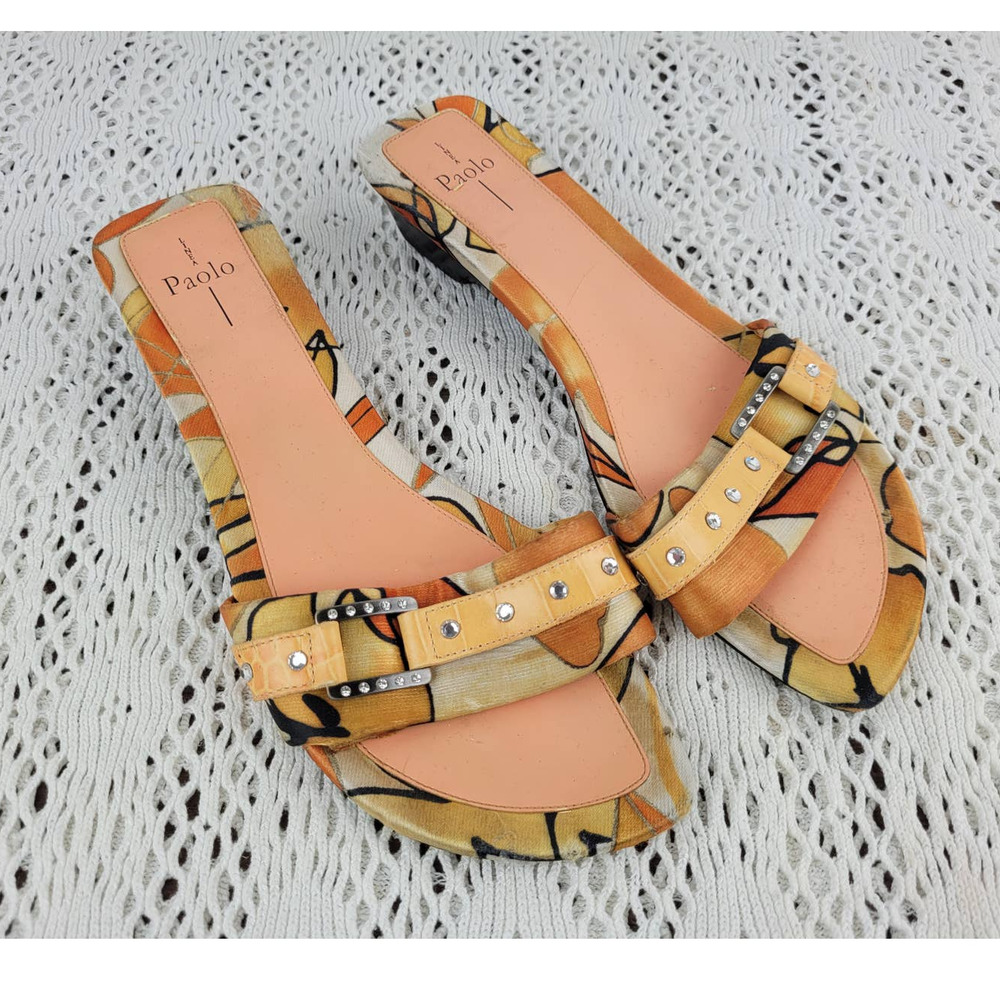Linea Paolo Leather Orange Rhinestones Summer Heel Sandals Shoes Womens Size 7.5